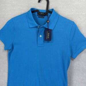 NWT Ralph Lauren The Skinny Polo Shirt Women’s Medium Cyan Blue 100% Cotton New